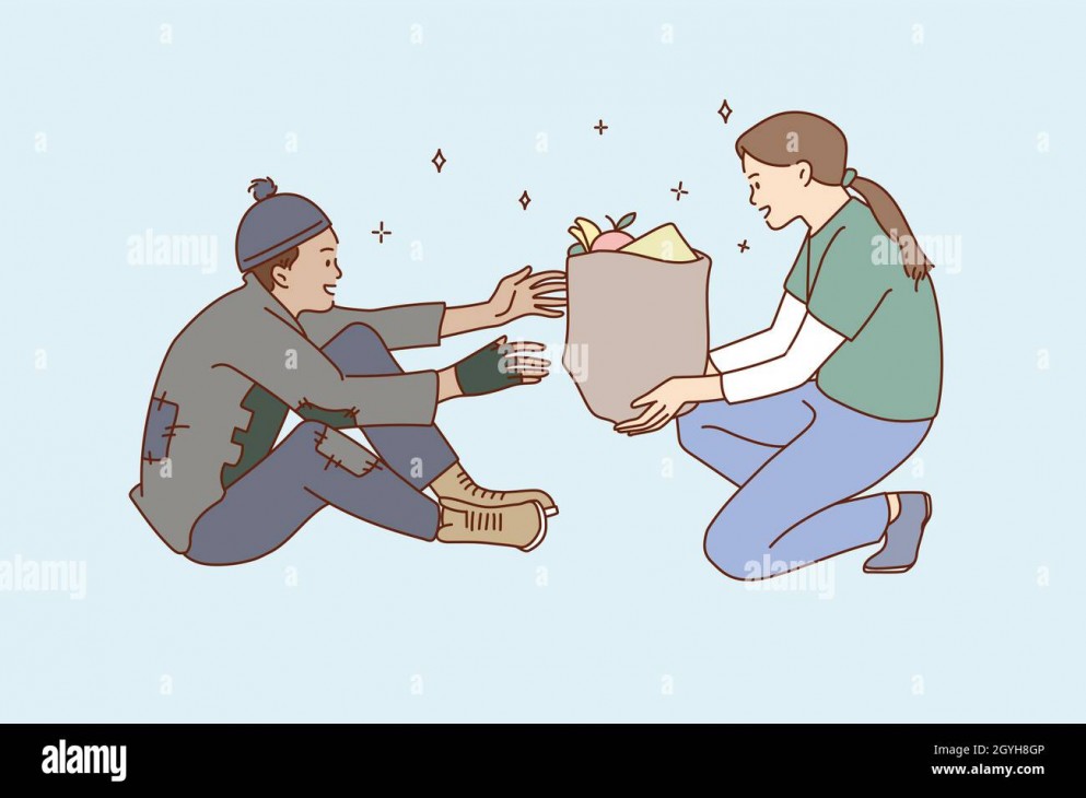 volunteer woman give food donation to homeless person in street caring girl deliver donate charity nutrition eating package to people in need charitable activity help flat vector illustration 2gyh8gp