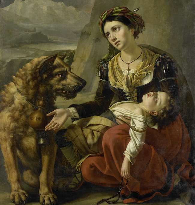 a saint bernard dog is a stray woman with a sick child to help1827 charles picqu oil painting