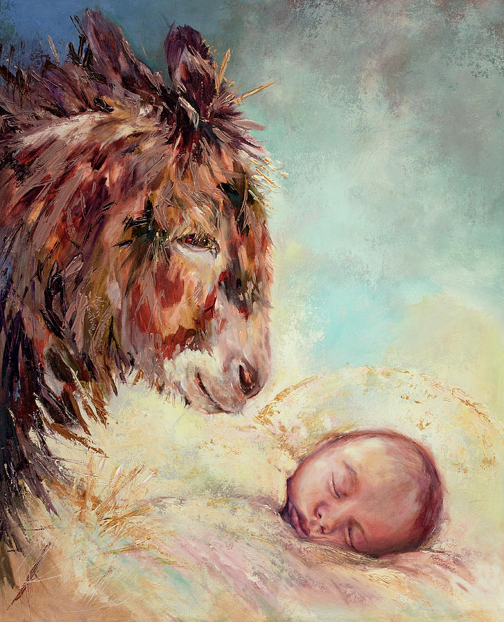 god has favored donkey and baby jesus oil painting kim guthrie