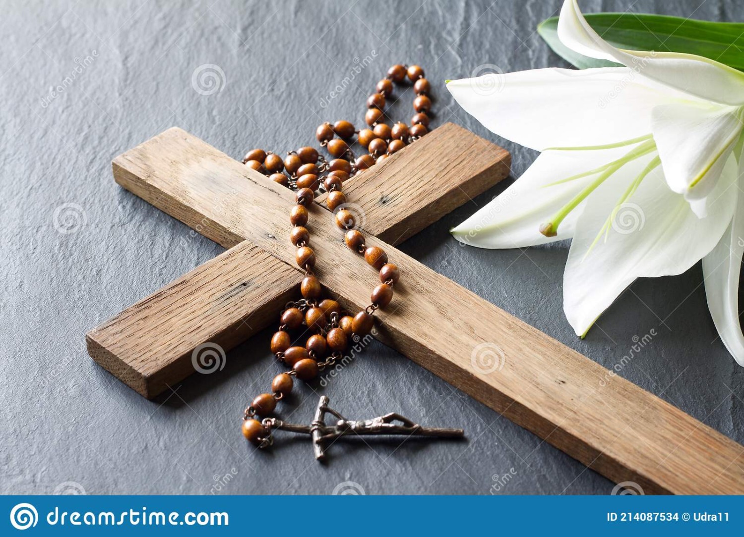 cross rosary white lily black marble background passion resurrection christ concept religious cross rosary white 214087534