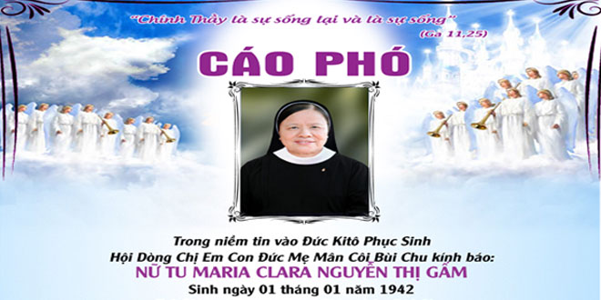 Cáo Phó nữ tu Maria Calara Nguyễn Thị Gấm, Dòng Mân Côi