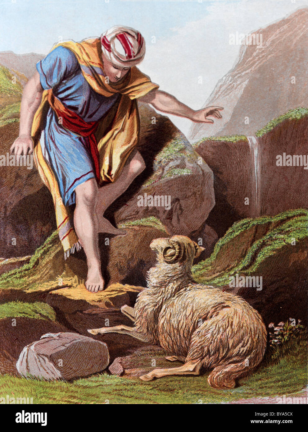 bible stories illustration of the shepherd finding the lost sheep bya5cx