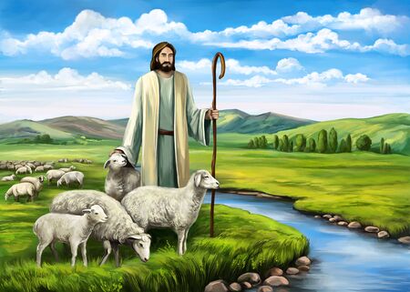 150369352 son of god the lord is my shepherd jesus christ with a flock of sheep symbol of christianity hand