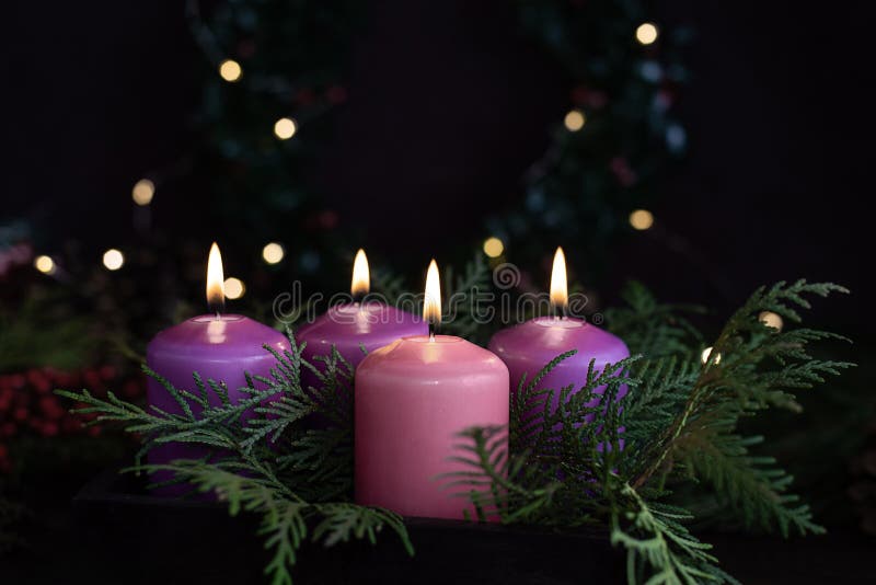 three purple one pink advent candles christmas eve catholic symbol 235710456