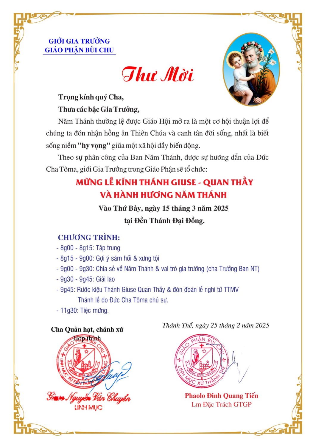 Thư mời ngày hành hương Năm Thánh của giới Gia trưởng Giáo phận