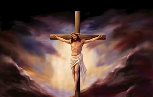 crucifixion of jesus christ at the cross on the mountain photo