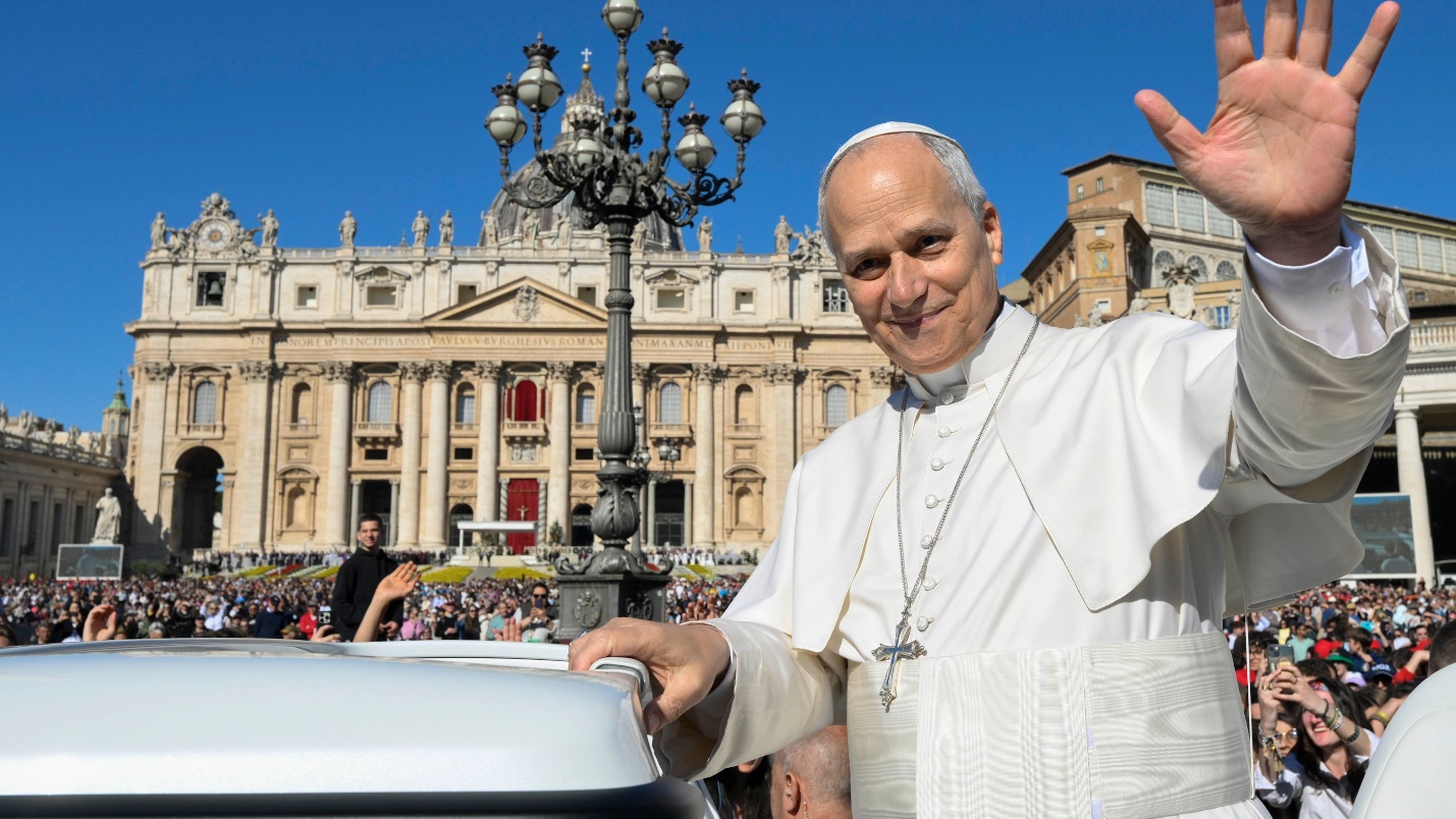 Pope Leo XIV waves to pilgrims gathered in St. Peter’s Square for his general audience on Wednesday, April 8, 2026, at the Vatican. | Credit: Vatican Media