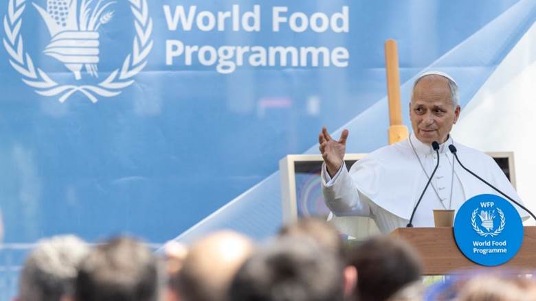Pope Leo XIV delivers remarks at the headquarters of the U.N. World Food Programme in Rome on June 22, 2026. | Credit: Daniel Ibáñez/EWTN News