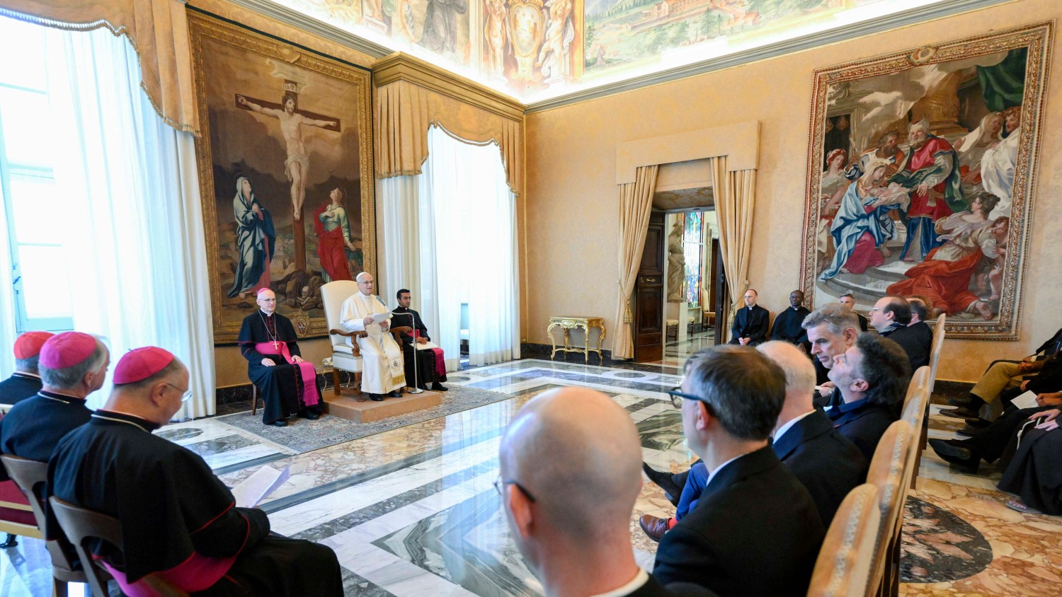 Pope Leo XIV speaks to artists and curators as part of a meeting organized by the Dicastery for Culture and Education in the Apostolic Palace at the Vatican on Oct. 2, 2026. | Credit: Vatican Media